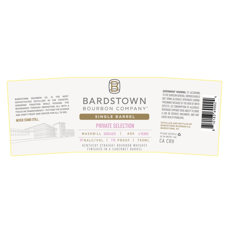 Bardstown Bourbon Company Single Barrel Private Selection Finished in Cabernet Barrels 6 Years Old