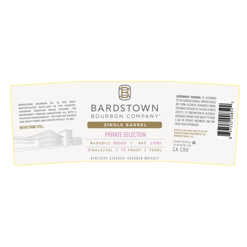 Bardstown Bourbon Company Single Barrel Private Selection Straight Bourbon Whiskey 6 Years Old